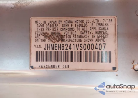 1997 Honda Del Sol S z USA, uszkodzony, nr VIN JHMEH6241VS000407